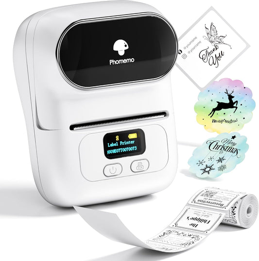 Phomemo Label Printer - M110 Address Label Maker Bluetooth Thermal Portable Label Maker Machine for Small Business, Barcode, Cable, Retail, Clothing, Barcode Printer Compatible with Phones & PC, White