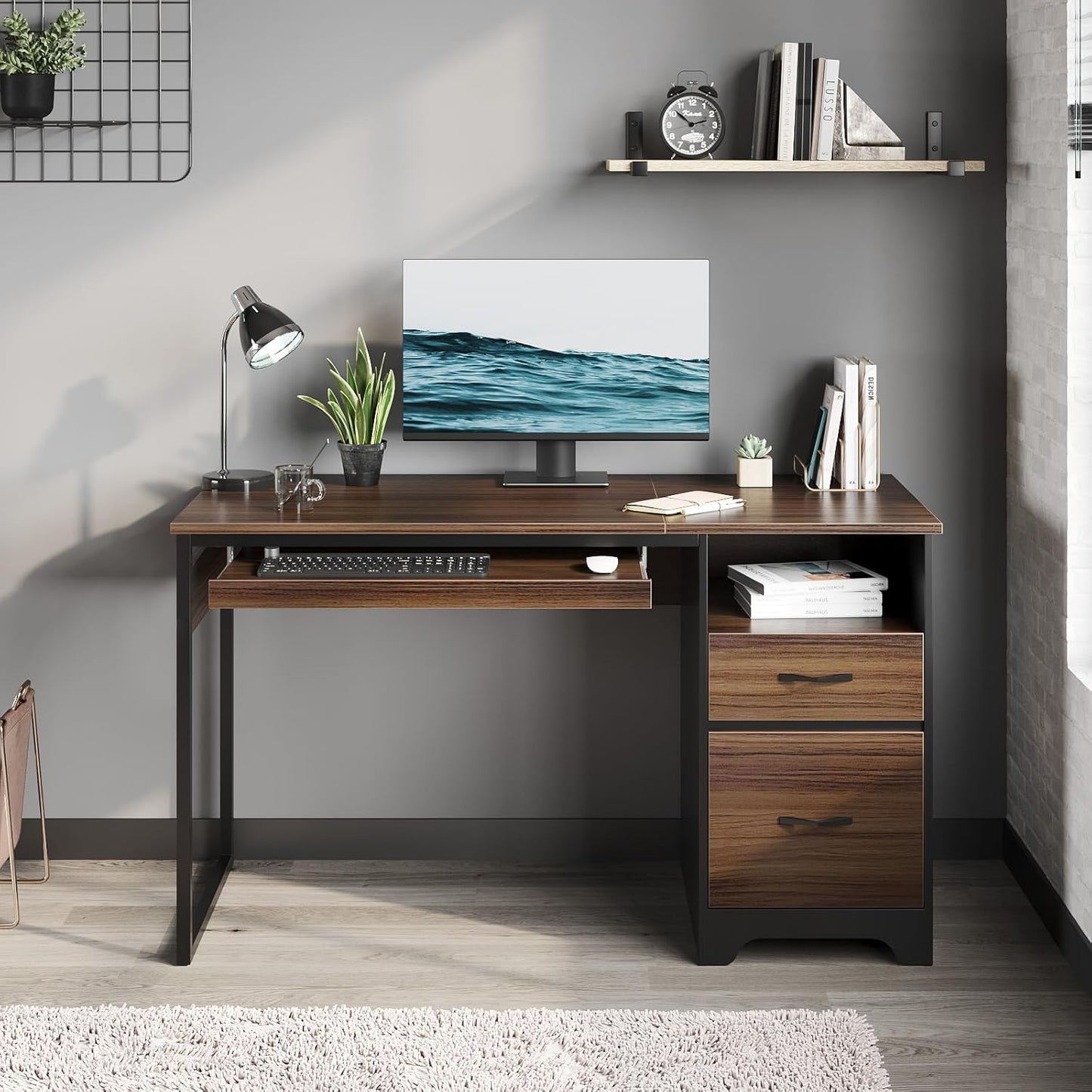 Bestier 48” Computer Desk with Drawers, Office Desk with Storage, Industrial Wood Writing Desk with File Drawer, Keyboard Tray & 2 Hooks for Home Office & Studio, Cherry