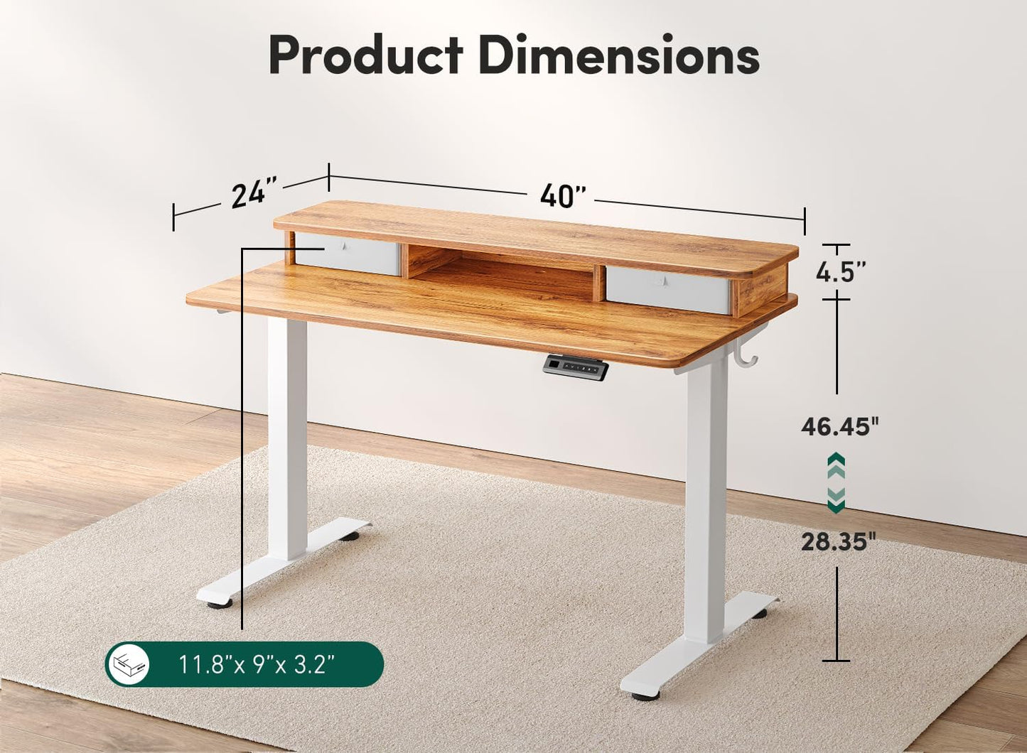 FEZIBO 40 x 24 Inch Height Adjustable Electric Standing Desk with Double Drawer, Computer Desk, Home Office Stand Up Table with 4 Height-Adjustable Feets & 2 Hooks, Light Rustic