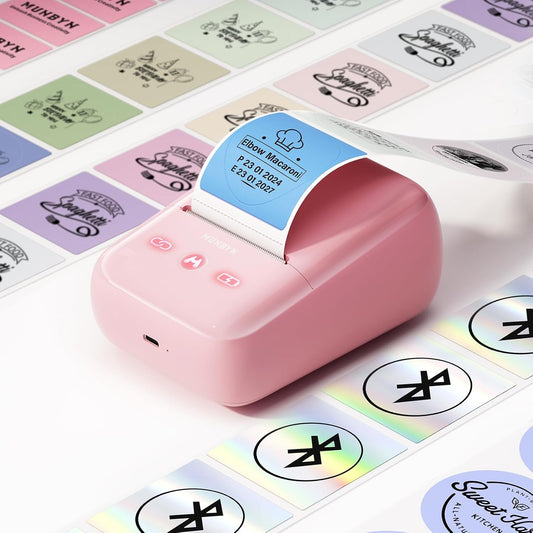MUNBYN FM226 Label Maker Machine with Tape,203 DPI High Printing 8H Battery Life 2 Inch Bluetooth Portable Thermal Sticker Printer for Small Business, Address, Clothing with 1.97''x1.18'' Label(Pink)