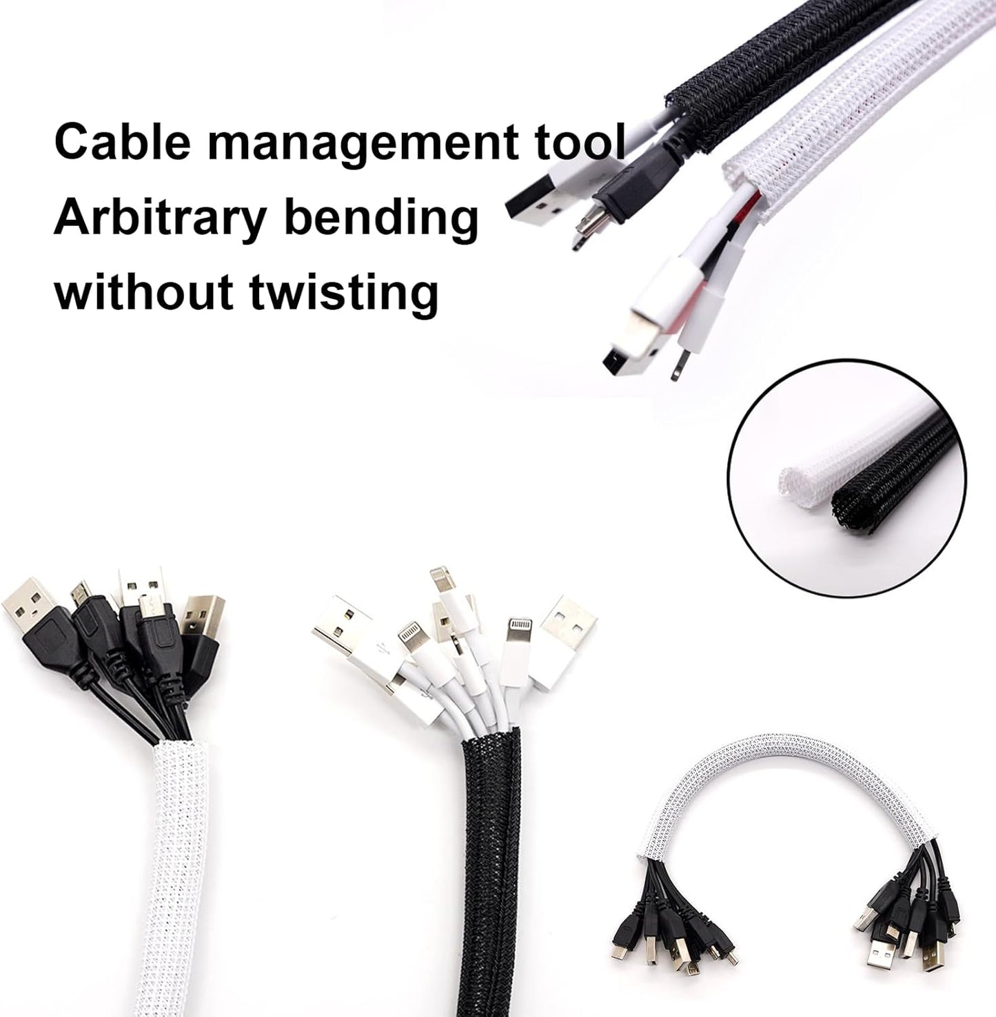 1/2"-10ft*2pcs Black/White Cable Sleeve - Protects Cords from Pets & Organizes Wires - Modern Style - Polyester Material - Flame Retardant - Easy to Use & Cut (Black, 10ft-1/2inch)