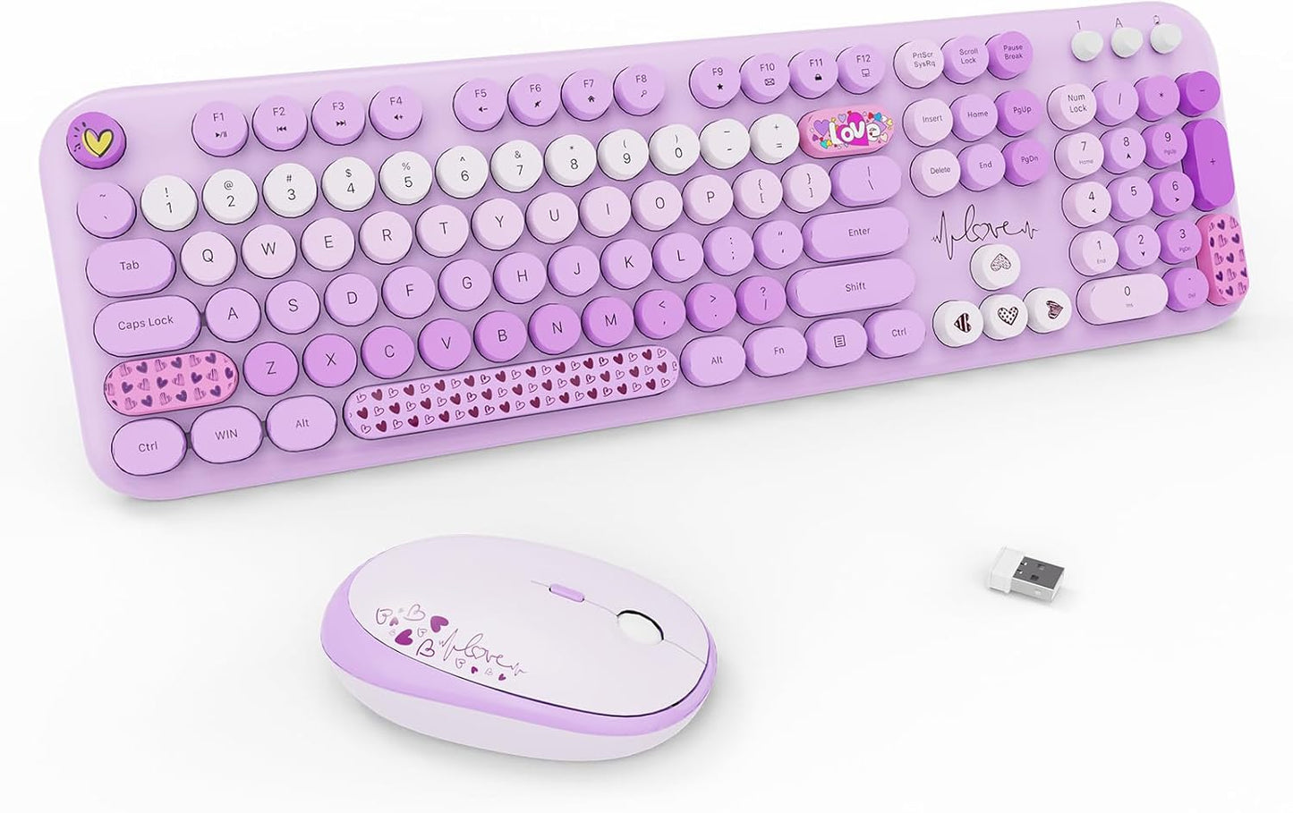 Wireless Keyboard and Mouse Set, 104 Round Keys Full-Size Cute Colorful Keyboard and Mouse with Retro Typewriter for PC/Mac/Laptop/Tablet/Computer/Windows Purple