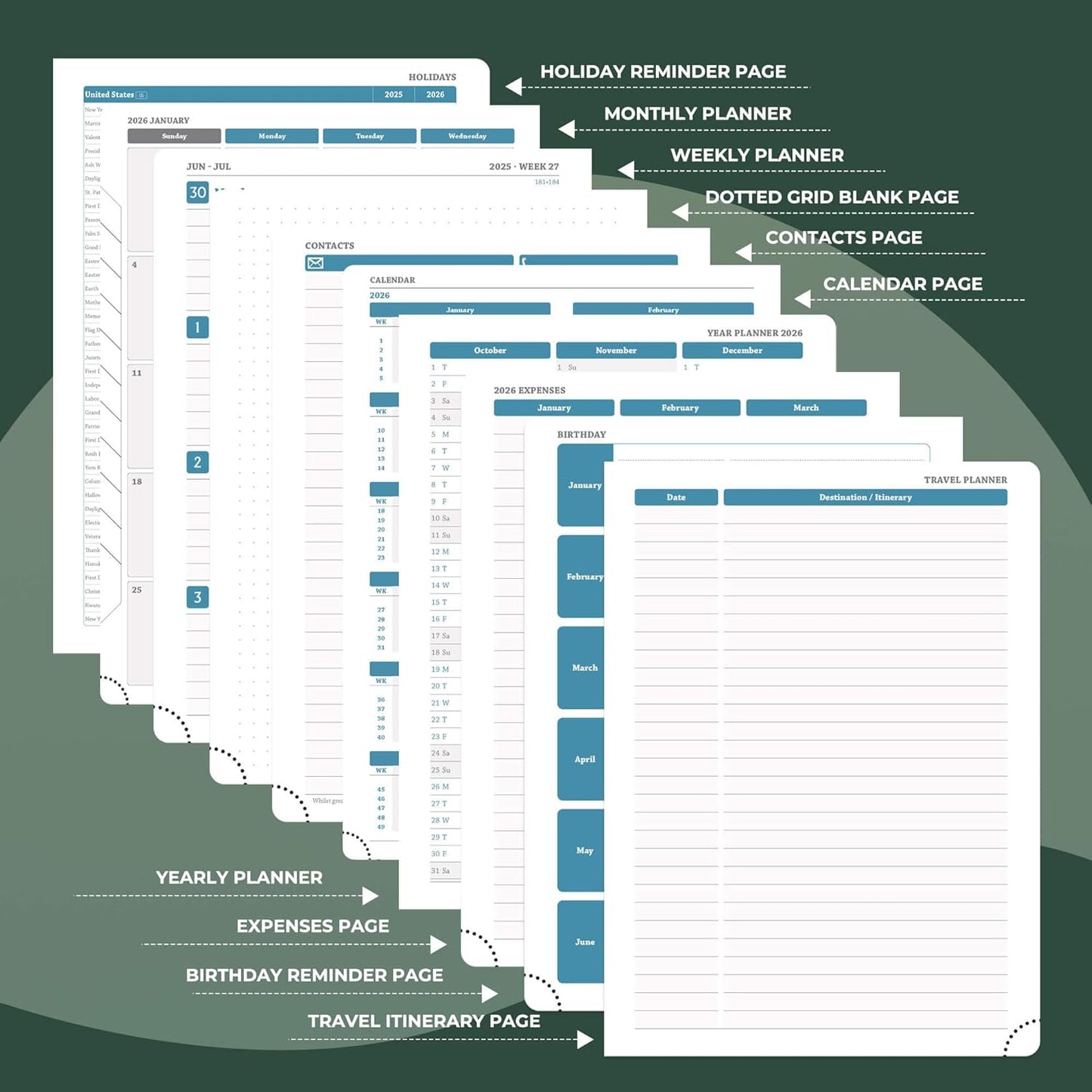 Planner 2026 Daily Weekly and Monthly,11.5"x8.5",12 Months Spiral Bound Calendar Agenda with Self-adhesive Pen Holder,2026 Appointment Book with Vegan Leather Soft Cover,Green