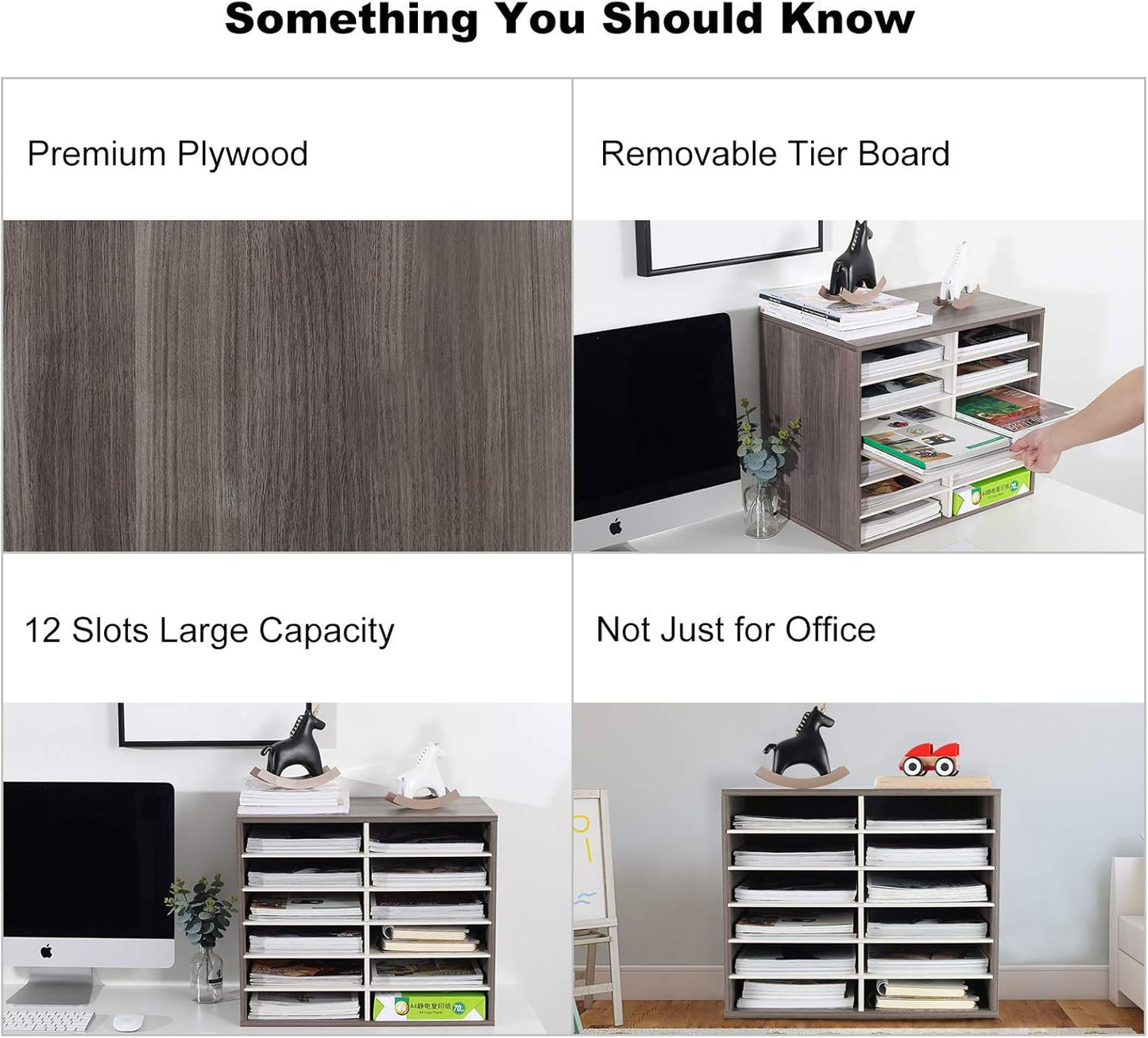 TQVAI Wood Adjustable Literature Organizer Desktop File Sorter Mail Center Paper Storage Cabinet Home & Office Mailbox School Classroom Keepers, 12 Slots Compartments, Retro Grey/White