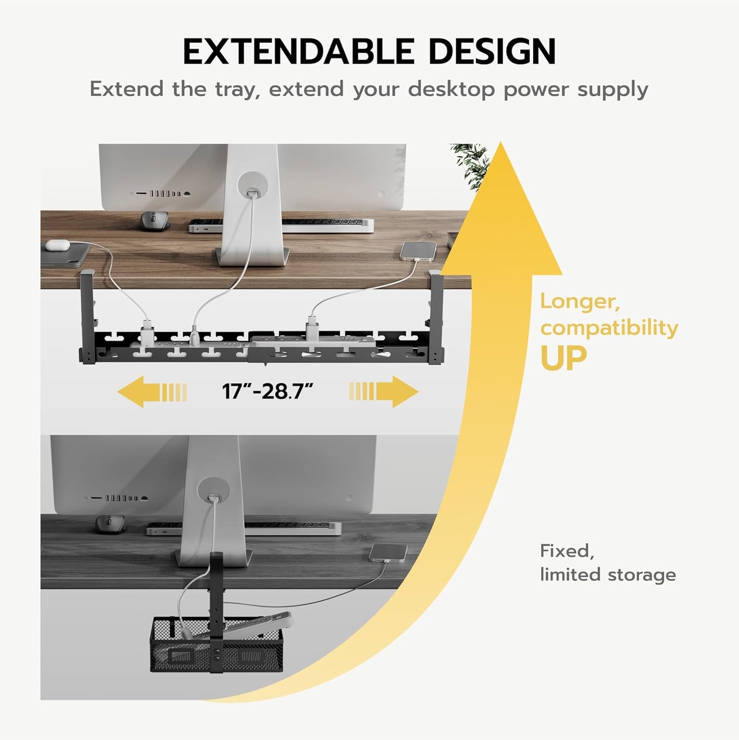 ARES WING 17"-28.7" Extendable Under Desk Cable Management Tray with Cable Slots, Clamp On Cord Organizer Holds Up to 11 lbs, Black Metal Under Desk Storage for Office and Gaming Accessories