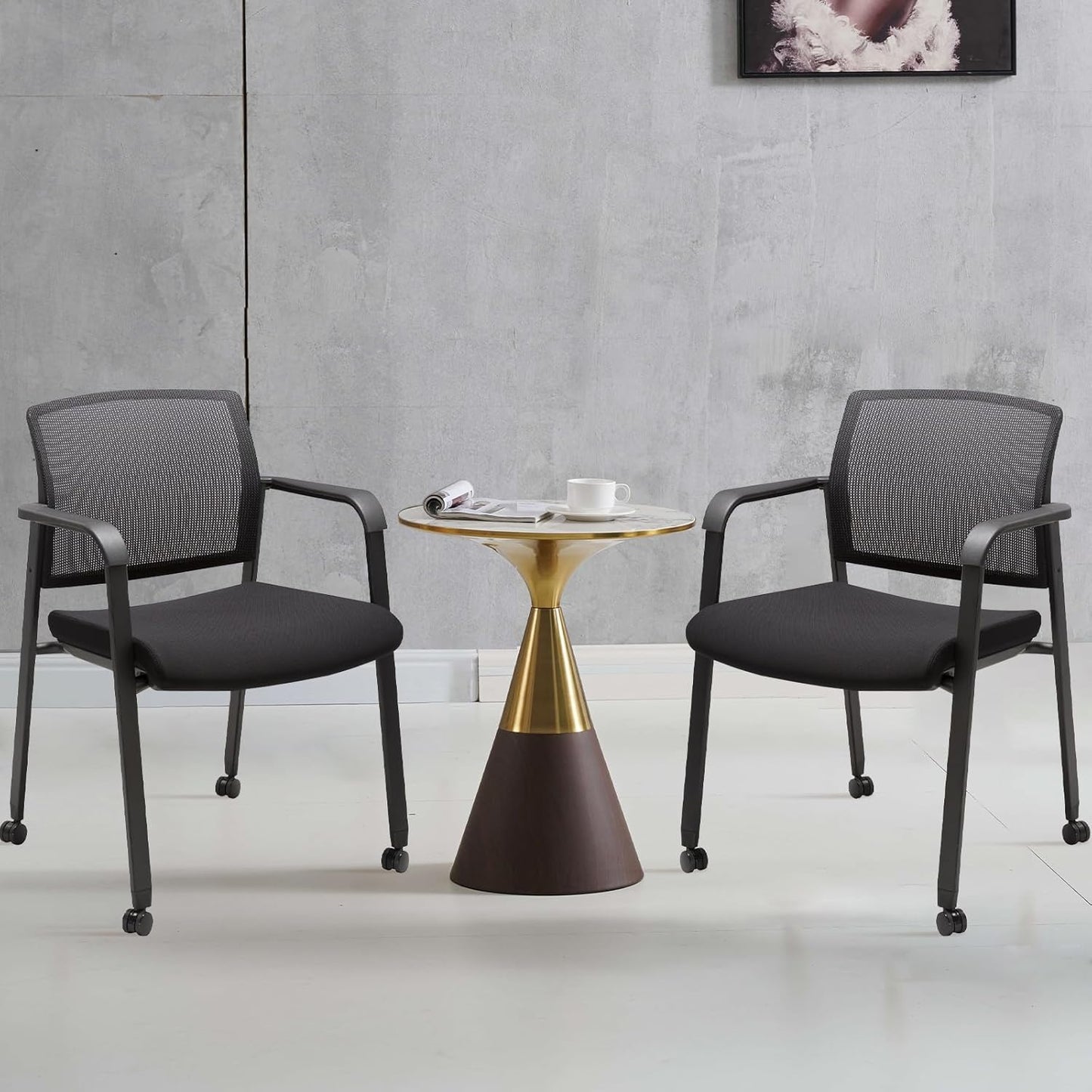 CLATINA Black Waiting Room Chair with Wheels Mesh Back Stacking Arm Chairs with Upholstered Fabric Seat and Ergonomic Lumbar Support for Office School Church Guest Reception