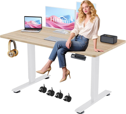 Himimi Electric Standing Desk 55 x 24 inch for Home Office,Sit-Stand Adjustable Desk with Memory Presets,Height Adjustable Desk for Gaming/Working,Free Hook, Lockable Wheels,Mouse Pad,Oak