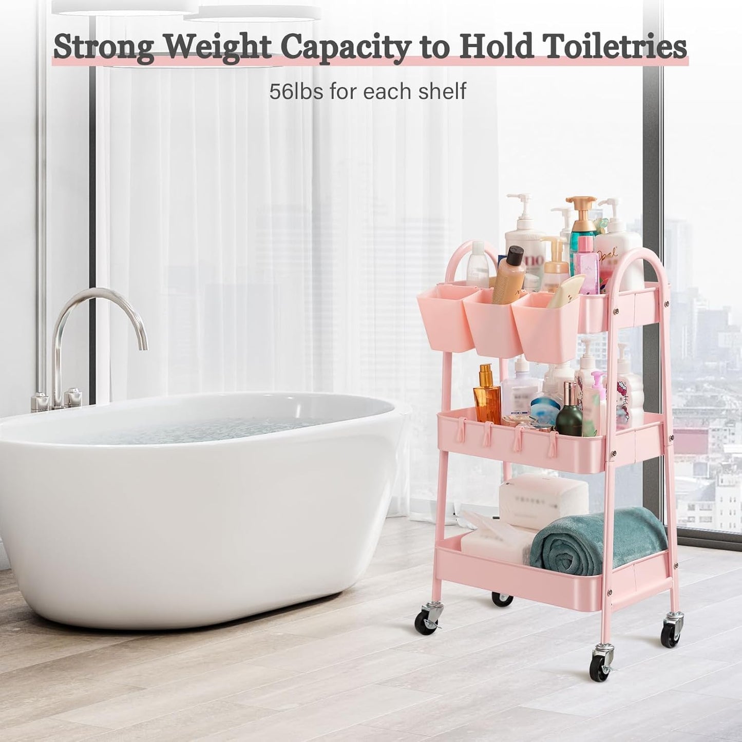 Danpinera 3-Tier Rolling Cart, Metal Storage Cart with Lockable Wheels, Hanging Cups & Hooks, Mobile Trolley for Kitchen, Bathroom, Office, Workshop, Pink