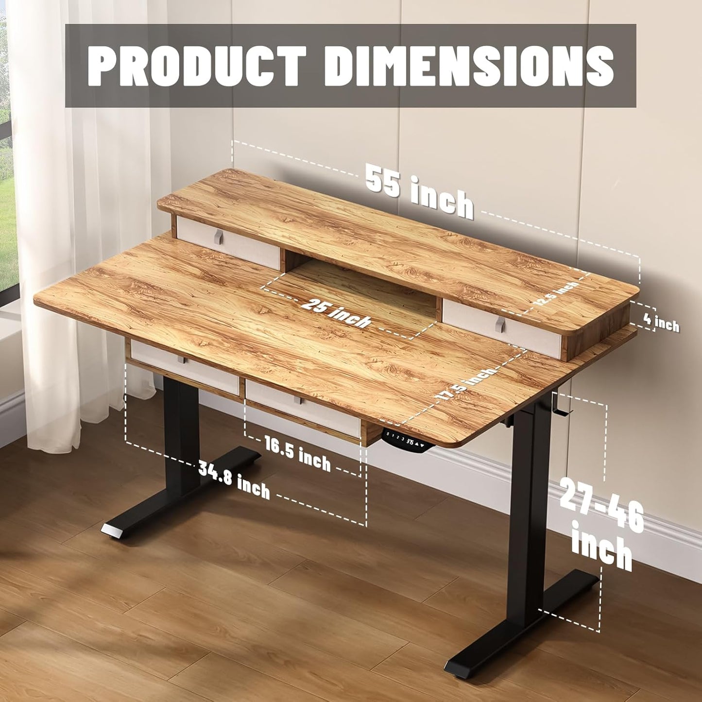 55 * 30 Inches Electric Standing Widened Desk Adjustable Height with 4 Drawers, Double Storage Shelves Stand Up Desk, Home Office Workstation Sit Stand up Desk (Light Rustic Brown)