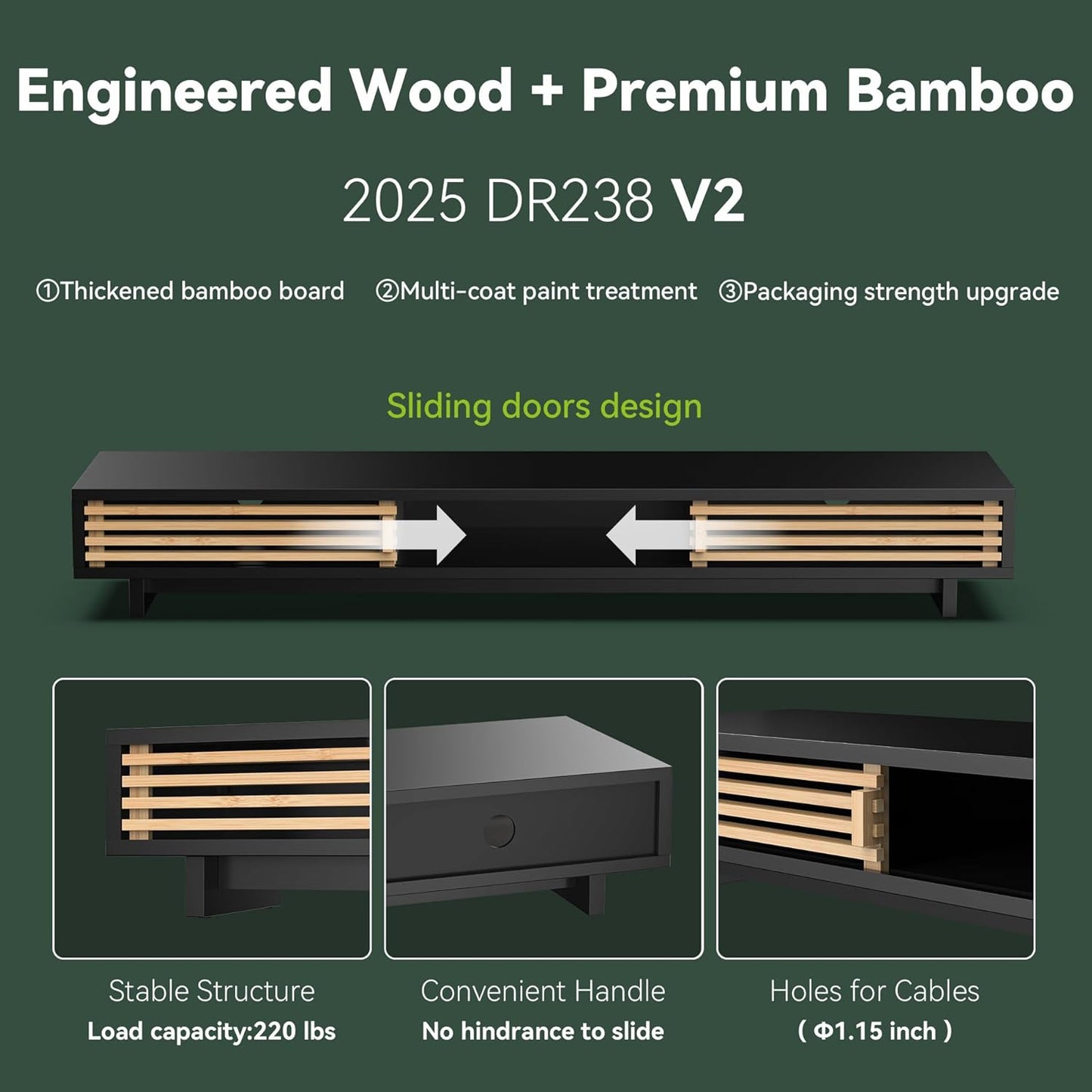 Dual Monitor Stand Riser with Sliding Door, Double Computer Laptop Stand Desk Shelf Organizer with Storage (Black + Natural Bamboo, 38 Inch)