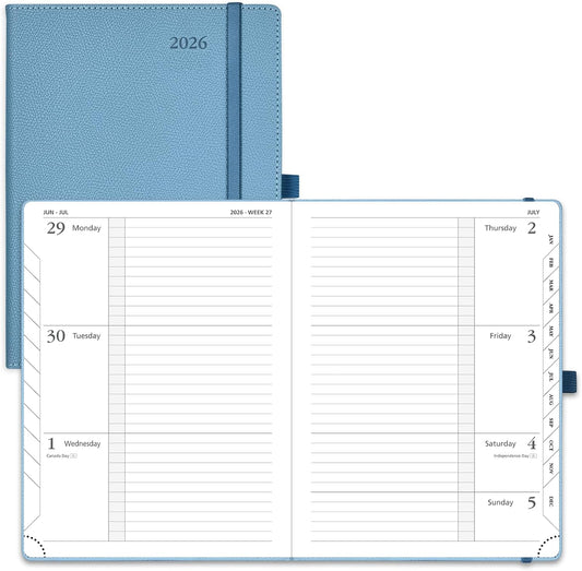 POPRUN Weekly Planner 2026 Calendar (Medium 6.75" x 8.75") 12 Months Notebook with Horizontal Layout, Leather Hardcover, Inner Pocket, 100GSM Thick Paper, Pen Holder - Aquamarine