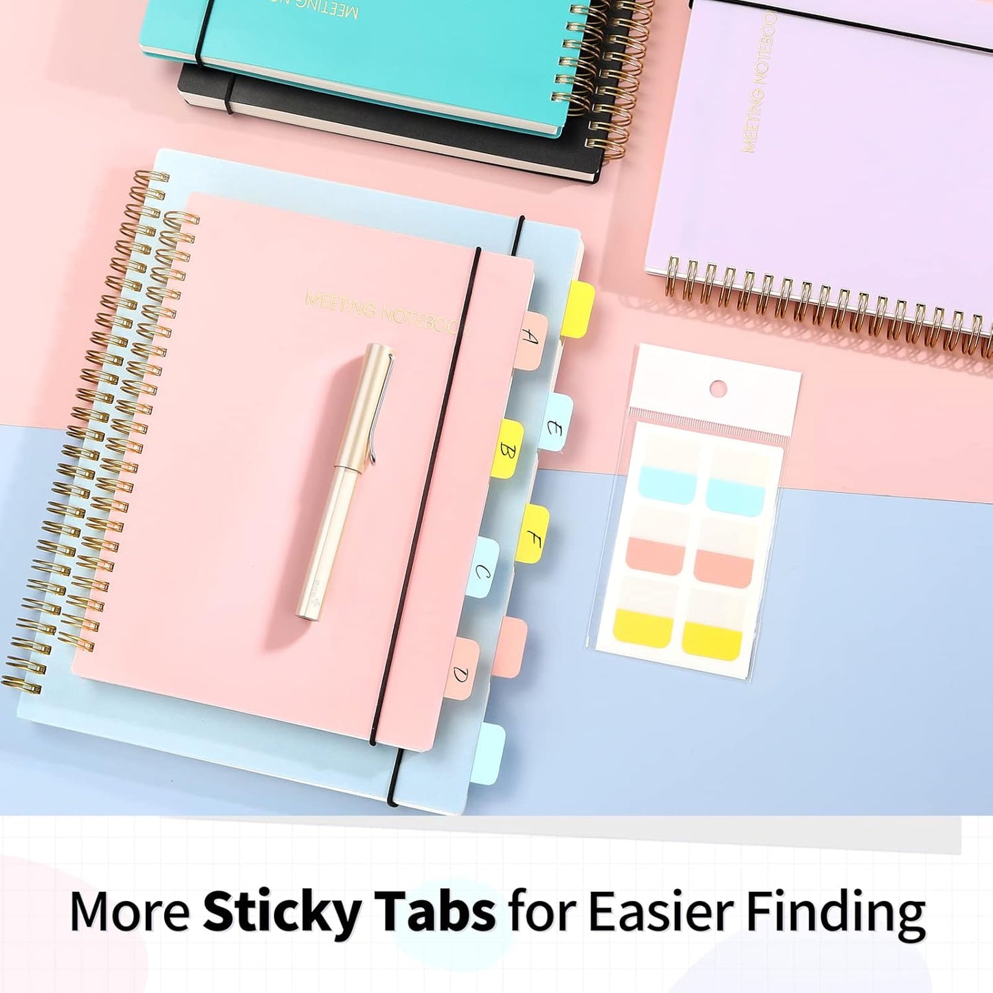 SUNEE Meeting Notebook for Work with Sticky Tabs - 160 Pages, A4 Size Project Planner, Spiral Meeting Agenda/Minutes Notebook Organizer for Women Men, Note Taking, Office & Business, 8.5"x11", Pink