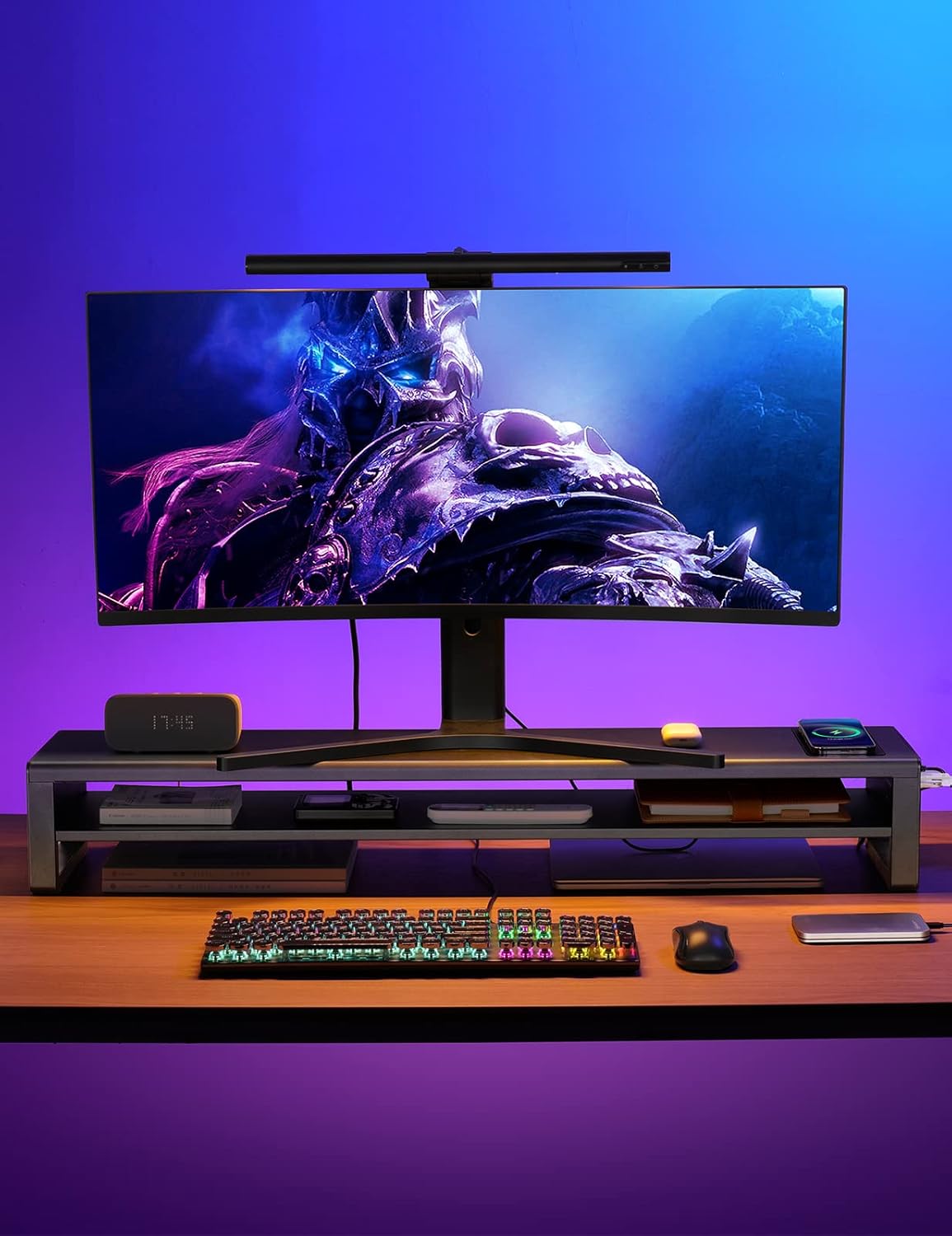2 Tiers Dual Monitor Stand with Auto Charging Pad, 4 USB 3.0 Hub Ports, Double Monitor Riser, Metal Desk Stand with Storage, Long Screen Raiser for 2 Monitors/PC/Laptop/Computer Space Saver Organizer