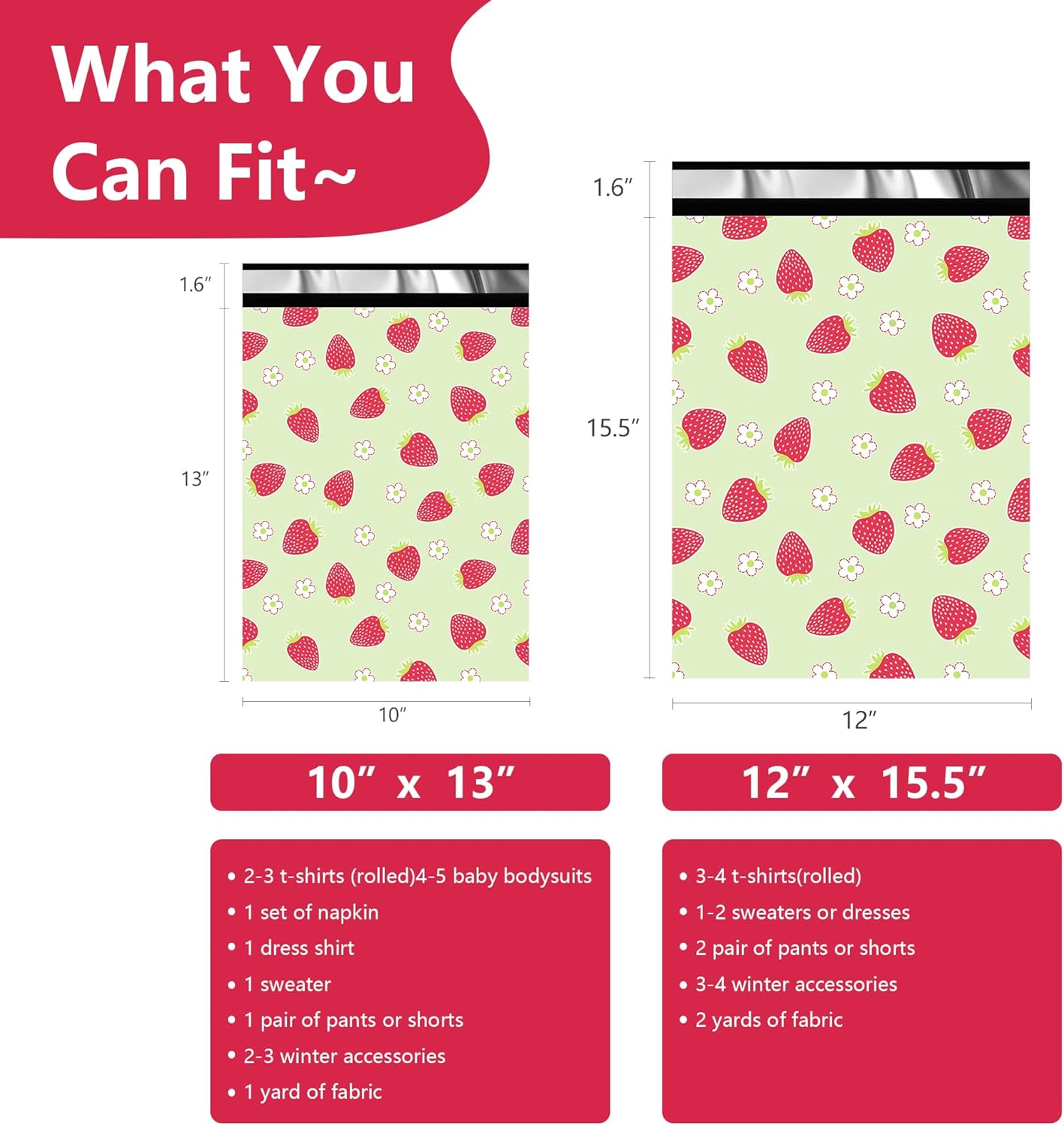 Poly Mailers 10x13 Inch 100 Pcs - Strawberries printed Shipping Bags, 2.4mil Thickness, Waterproof and Tear Resistant Mailing Envelopes, Self-Sealing Packaging Bags for Small Business