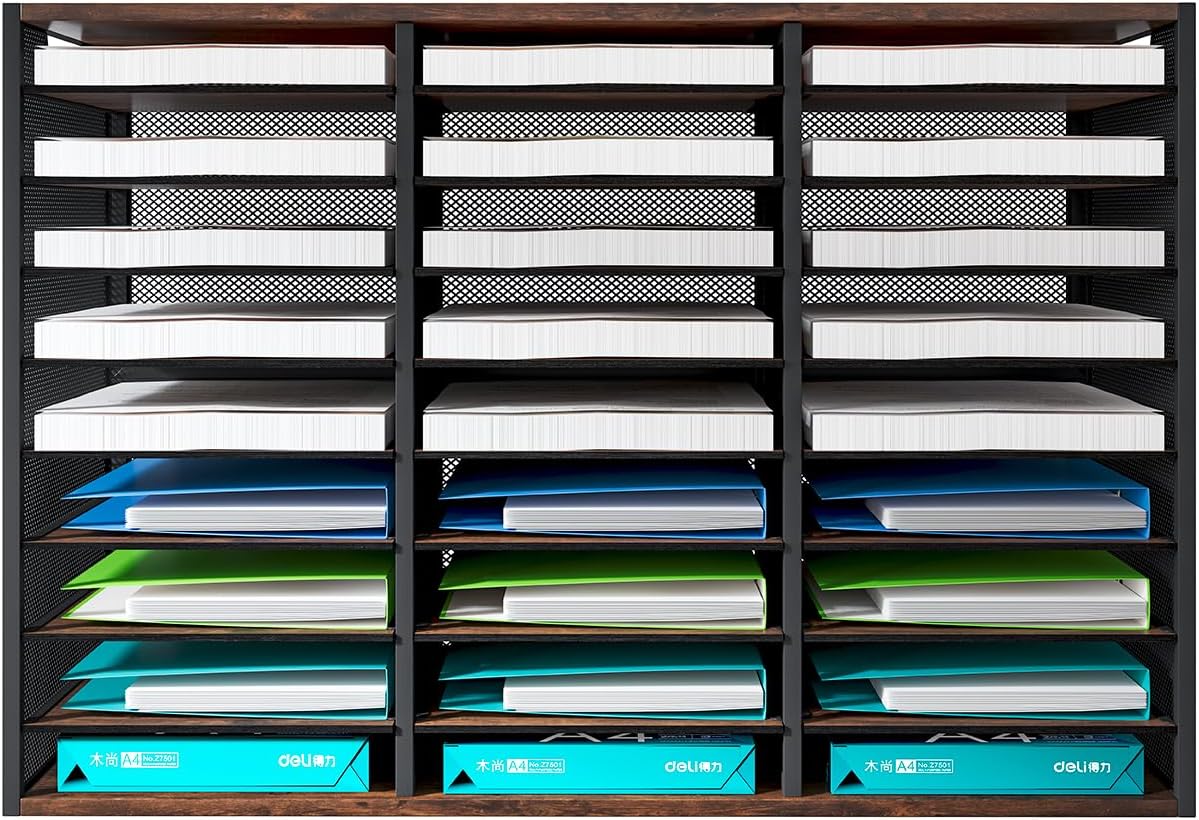 PAG Mass Mail Sorter - Adjustable Mail Holder, Countertop Literature Organizer, Student Mailbox for Classroom, Desktop Bill Paper Organizer for Office & Home, 27 Compartments, Brown