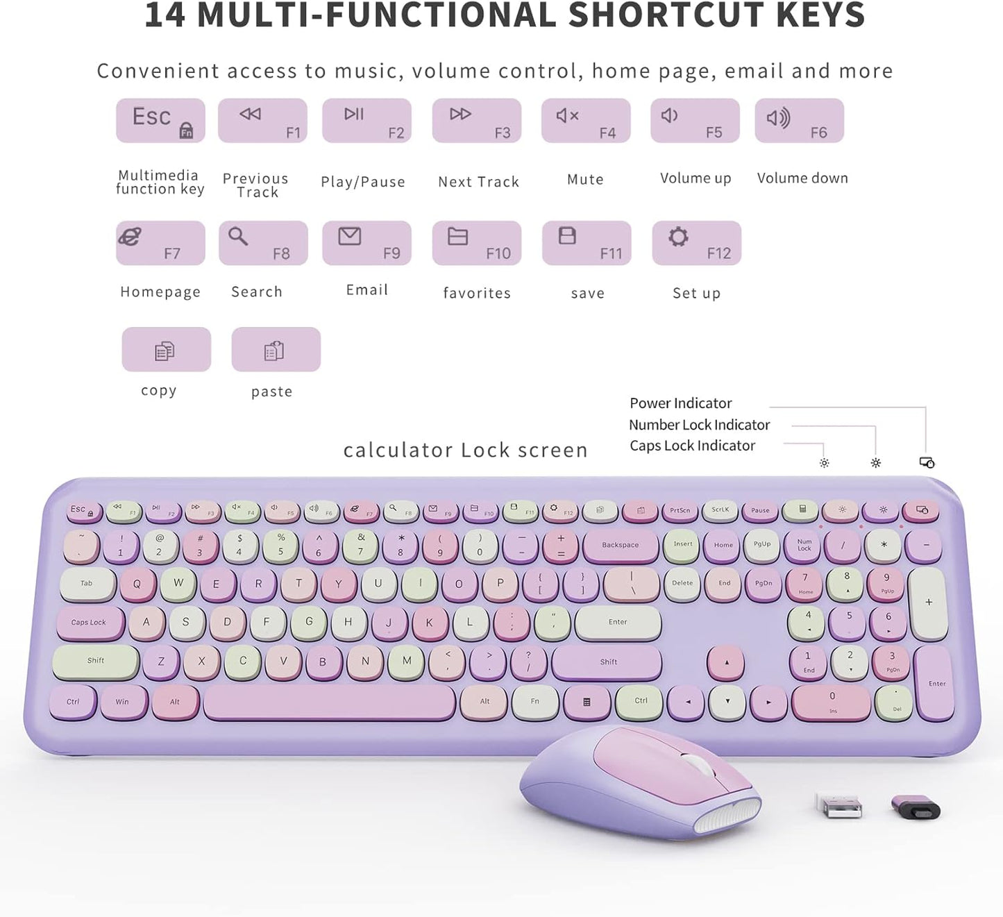 Wireless Keyboard and Mouse Combo, Colorful Ergonomic Full Size Retro Low-Noise Keyboard with Cute keycaps, Compatible with Windows, PC, Perfer for Home and Office Keyboards (Purple)