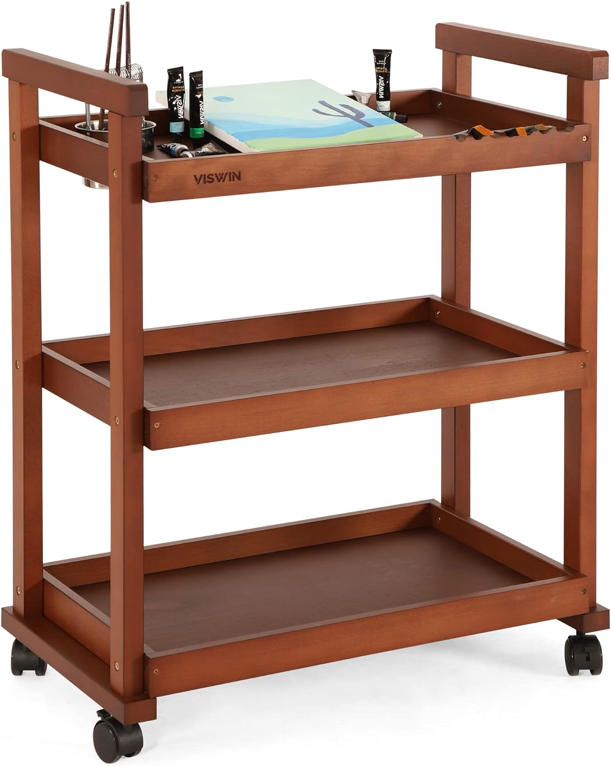 VISWIN Art Cart Organizer, Solid Beechwood Art Supply Storage Organizer with Caster Wheels, 3-Tier Multifunctional Rolling Utility Storage Cart for Studio, Classroom, Artists - Walnut