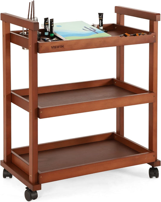 VISWIN Art Cart Organizer, Solid Beechwood Art Supply Storage Organizer with Caster Wheels, 3-Tier Multifunctional Rolling Utility Storage Cart for Studio, Classroom, Artists - Walnut