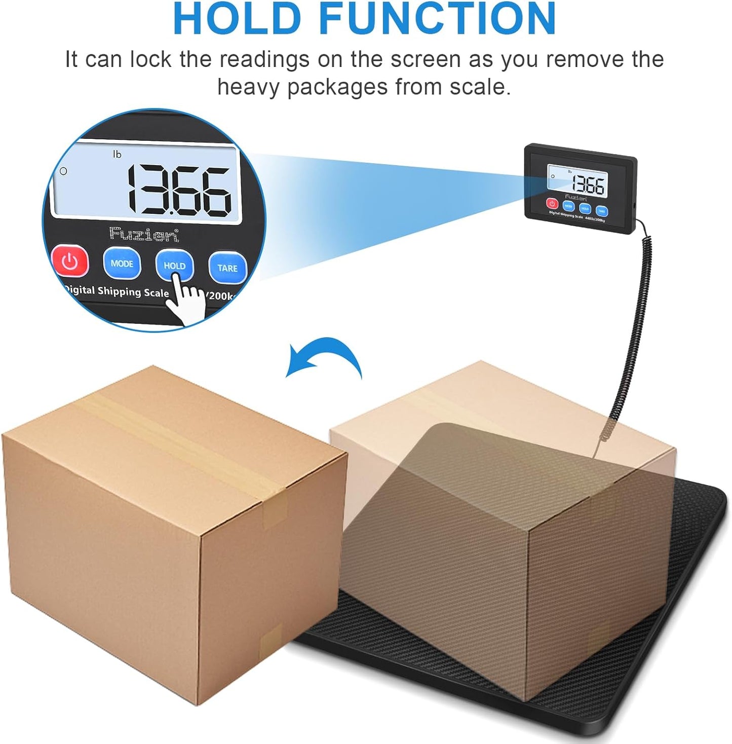 Fuzion Shipping Scale, 440LB x 10g High Accuracy Postal Scale, Hold/Tare Function, Digital Shipping Postal Scale for Packages, Postage, Luggage, Mailing, Battery & AC Adapter Included