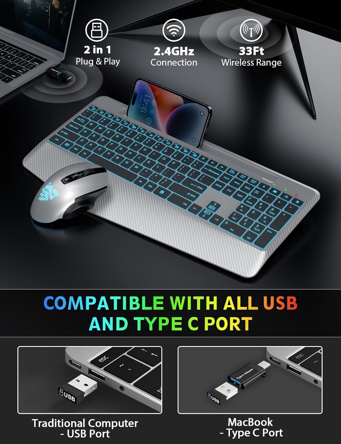 Wireless Keyboard and Mouse Backlits, Wrist Rest, LED Mouse, Rechargeable Ergonomic Keyboard with Phone Holder, Silent Light Up Combo for Computer, Mac, PC, Laptop, Chromebook (Silver Black)
