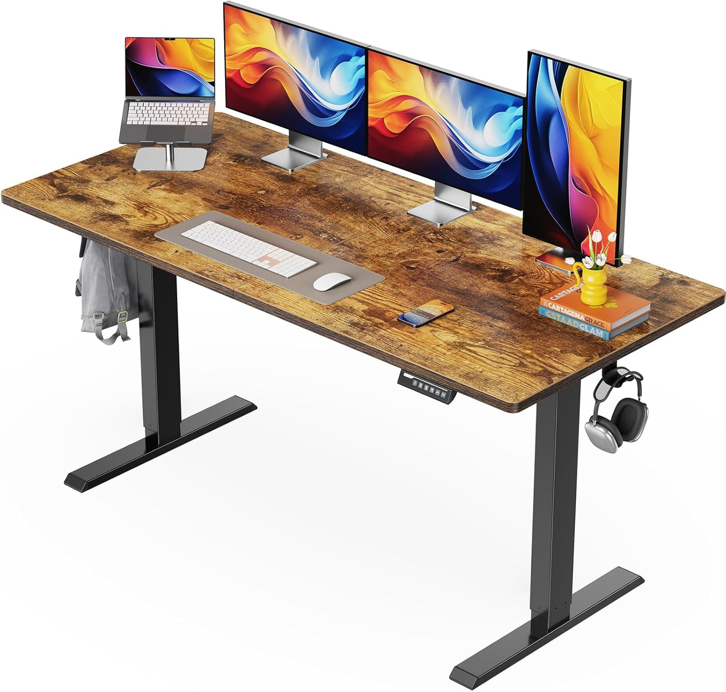 ErGear Electric Standing Desk, 55 x 28 inch Height Adjustable Sit Stand Up Desk, Computer Home Office Desk with 4 Memory Height Buttons, Two Pieces Desktop, Vintage Brown, EGESD112V