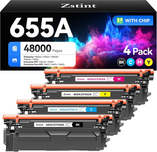 655A Toner Cartridge set 4-Pack Replacement for HP 655A CF450A CF451A CF452A CF453A Compatible with HP Color LaserJet Enterprise Flow MFP M681f M682z M652n M653dh Printer Ink Black Cyan Magenta Yellow