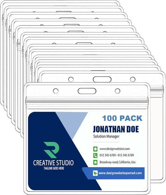 Horizontal Badge Holder, Extra Thick ID Card Name Badge Holder, Name tag Holder with Waterproof Type Resealable Zip (100 Pcs)