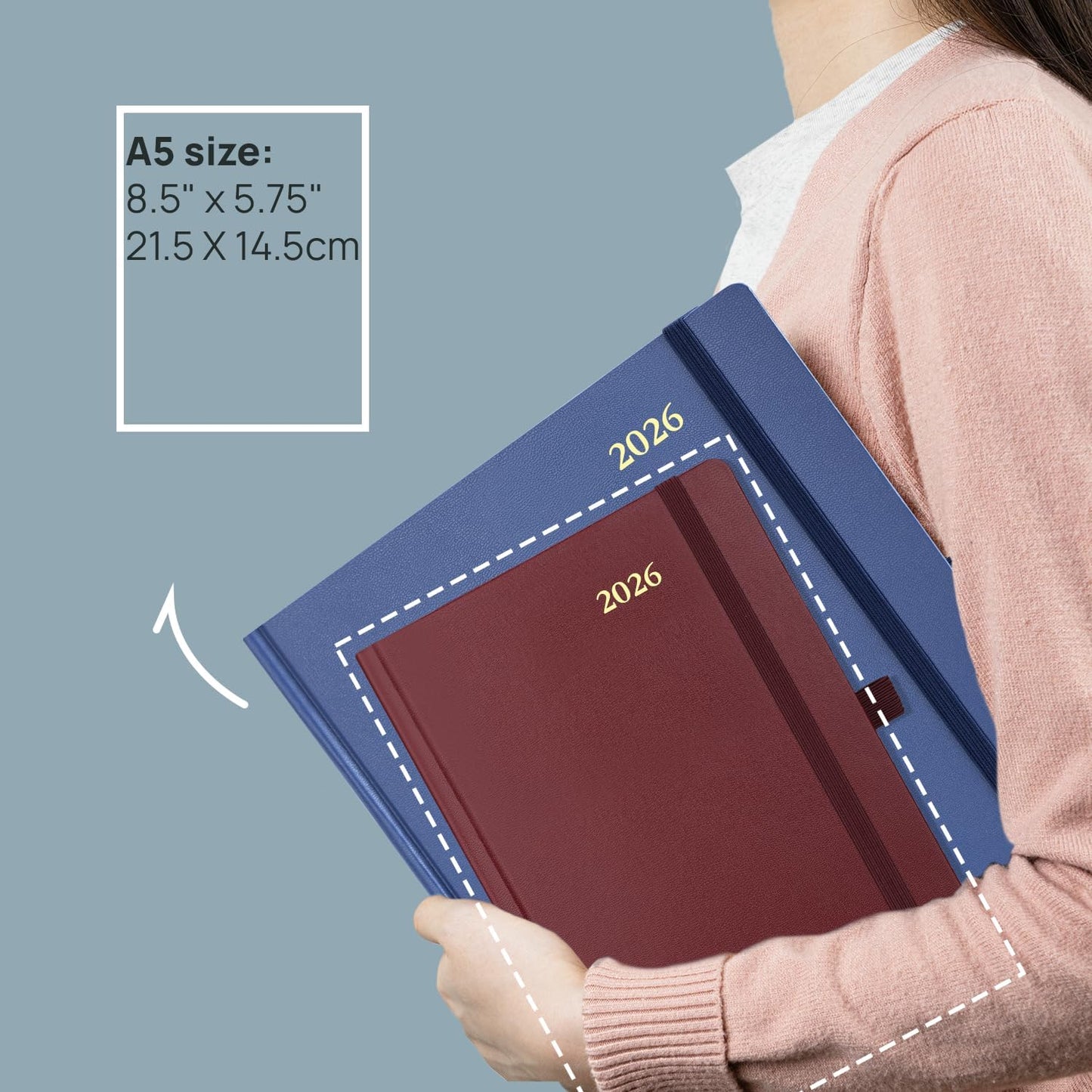 POPRUN 2026 Daily Planner One Page Per Day A5 Size Calendar (5.75" x 8.5") - 12 Months Hourly Appointment Book with Hardcover, Pocket, Pen Holder - Light Yellow