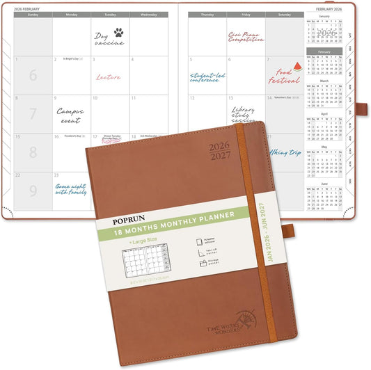 POPRUN Monthly Planner 2026-2027 (Large- 8.5" x 10.5" Soft Cover), 18-Month Calendar Book (Jan.2026 - Jun. 2027), Calendar Planner with Monthly Tabs & Pocket, 100 GSM Paper - Brown
