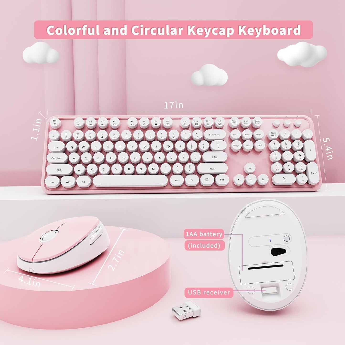 Wireless Keyboard and Mouse Combo, Ergonomic Full Size Typewriter Retro Round Keycaps Keyboard, Compatible with Windows, PC, Perfer for Home and Office Keyboards (Lovely Pink)