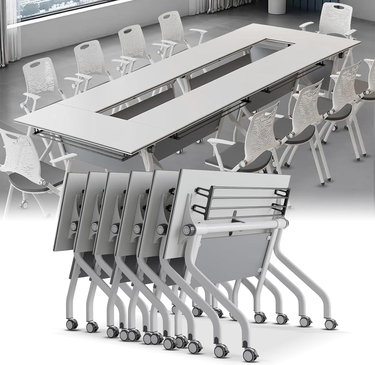 Conference Table, Folding Conference Desk Modern White, Seminar Table with Wheels, 2-10 People for Office, Meeting Break Room(6, 1606YH, 55IN)