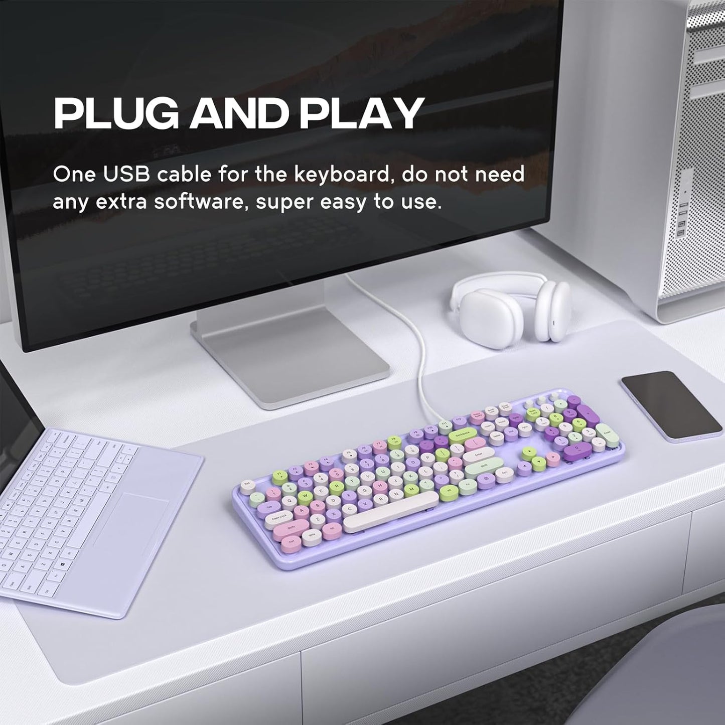 Wired Keyboard, 104 Keys Full-Sized Typewriter Keyboards, USB Office Keyboard with Number Pad, Caps Indicators, Foldable Stands for Windows, PC, Laptop, Desktop (Purple Colorful)