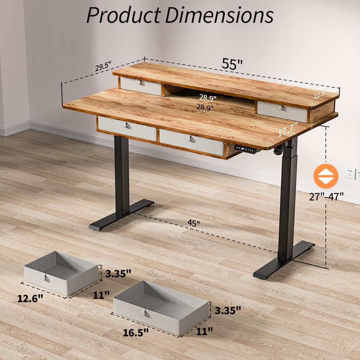 Standing Desk with Fast Charging USB Ports, 55" x 30" Height Adjustable Home Office & Gaming Desk, Sit Stand Desk with Built-in Storage Shelf, Hook & Ergonomic Design(Light Rustic)