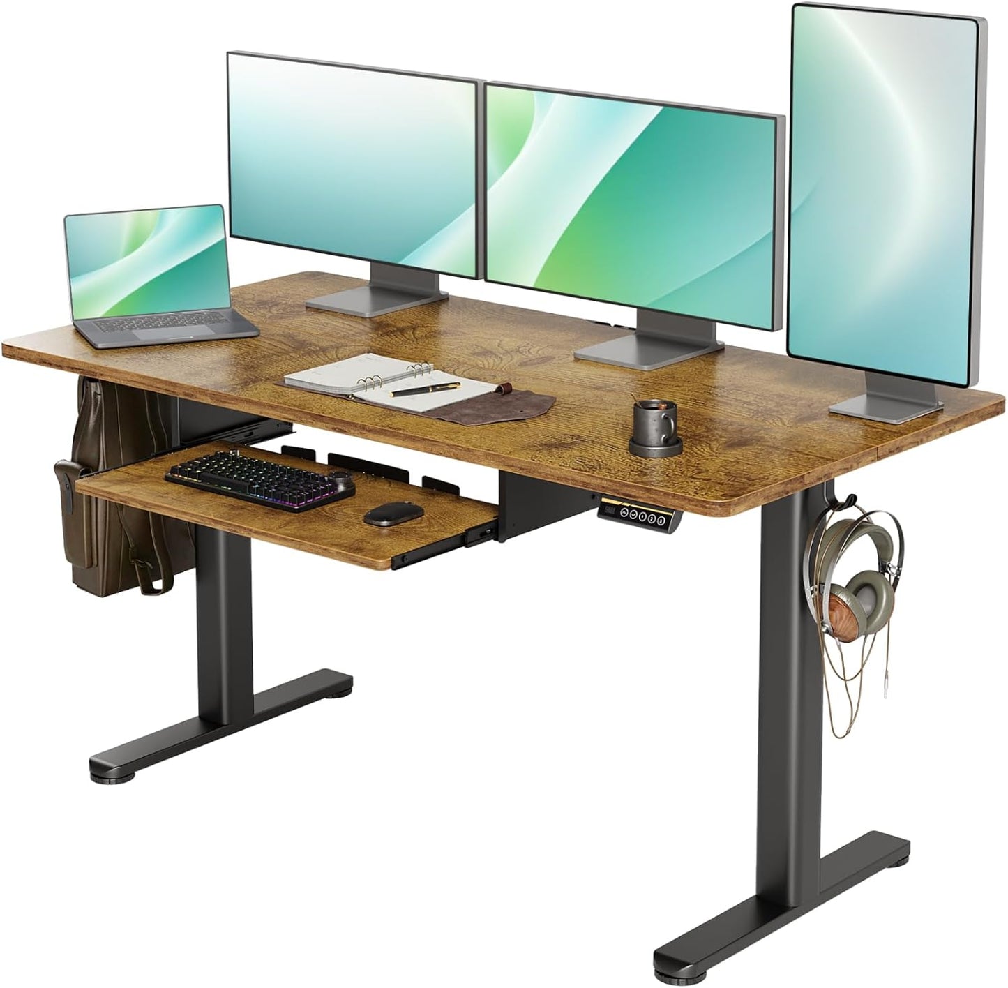 YDN Standing Desk with Keyboard Tray, 55 Inch Height Adjustable Desk, Brown Stand Up Desks for Home and Office, 55inch Rustic Brown