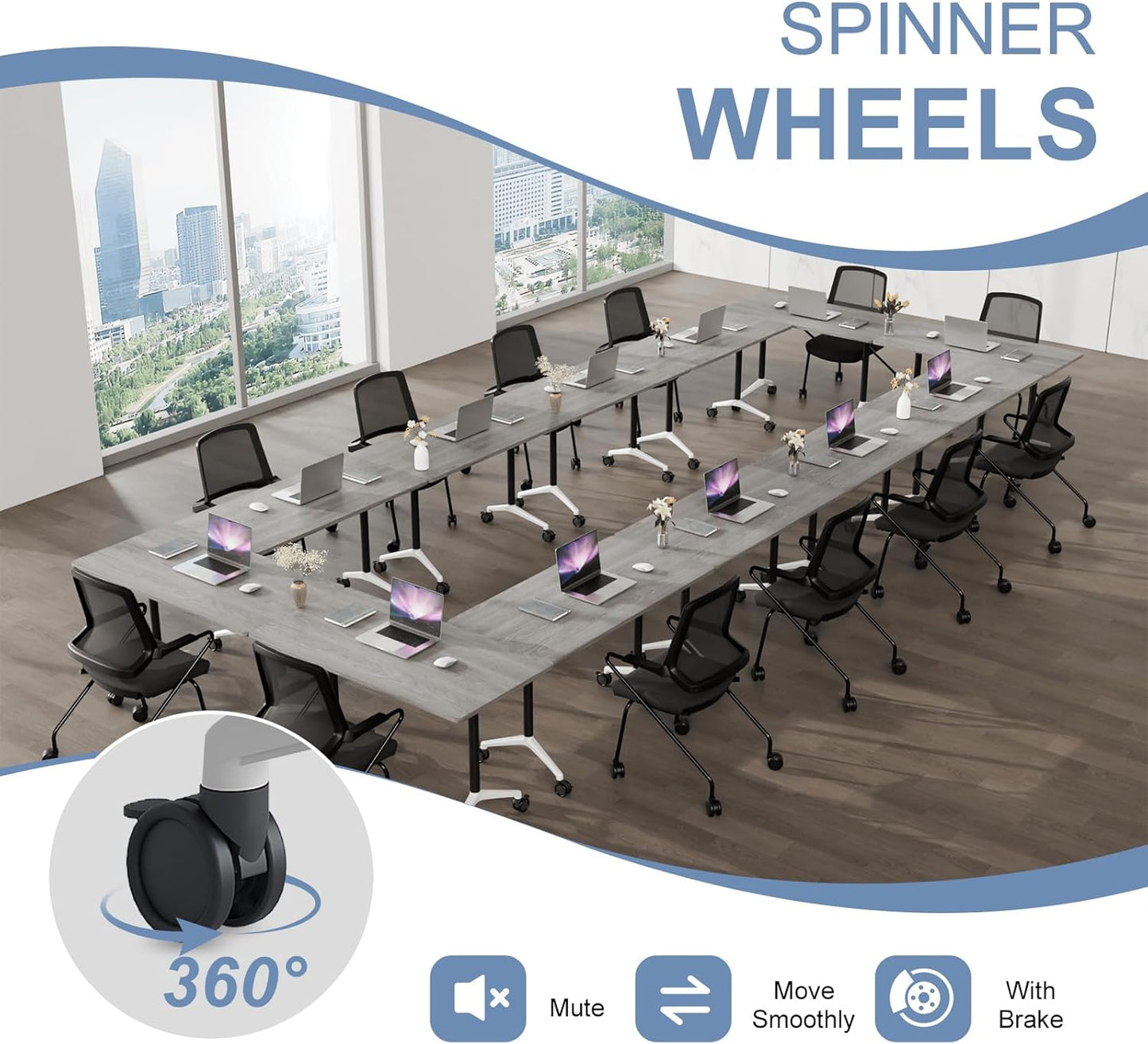 Folding Conference Table, Mobile Training Table for Office Conference, Modern Modular Rectangular Work Desk Meeting Seminar Work Tables with Caster Wheels, Large Breakroom Tables (8Pack L47.2in)