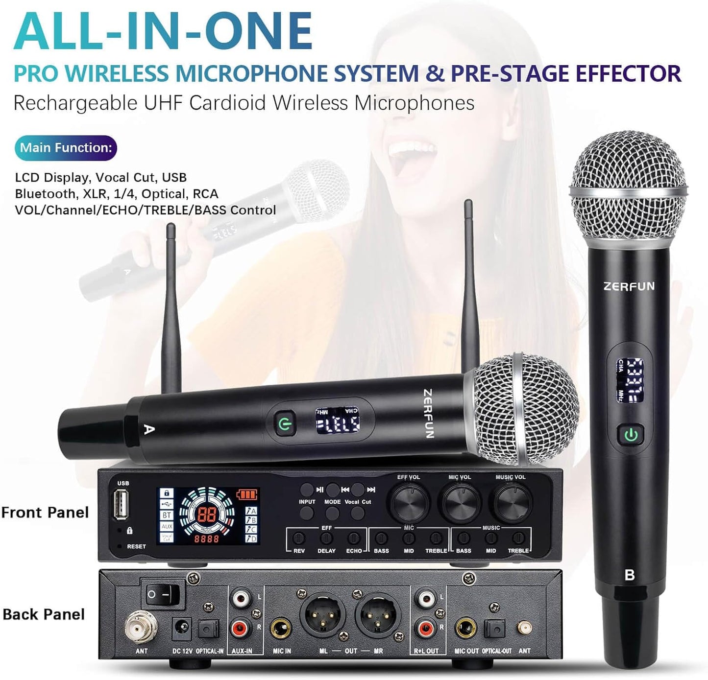 4 Channel Rechargeable Wireless Microphone System Pro & Pre Effector, UHF Metal Handheld Cordless Mics with Vocal Cut, Bluetooth, USB Port, XLR, 1/4, Optical, RCA Input/Output, LCD Display