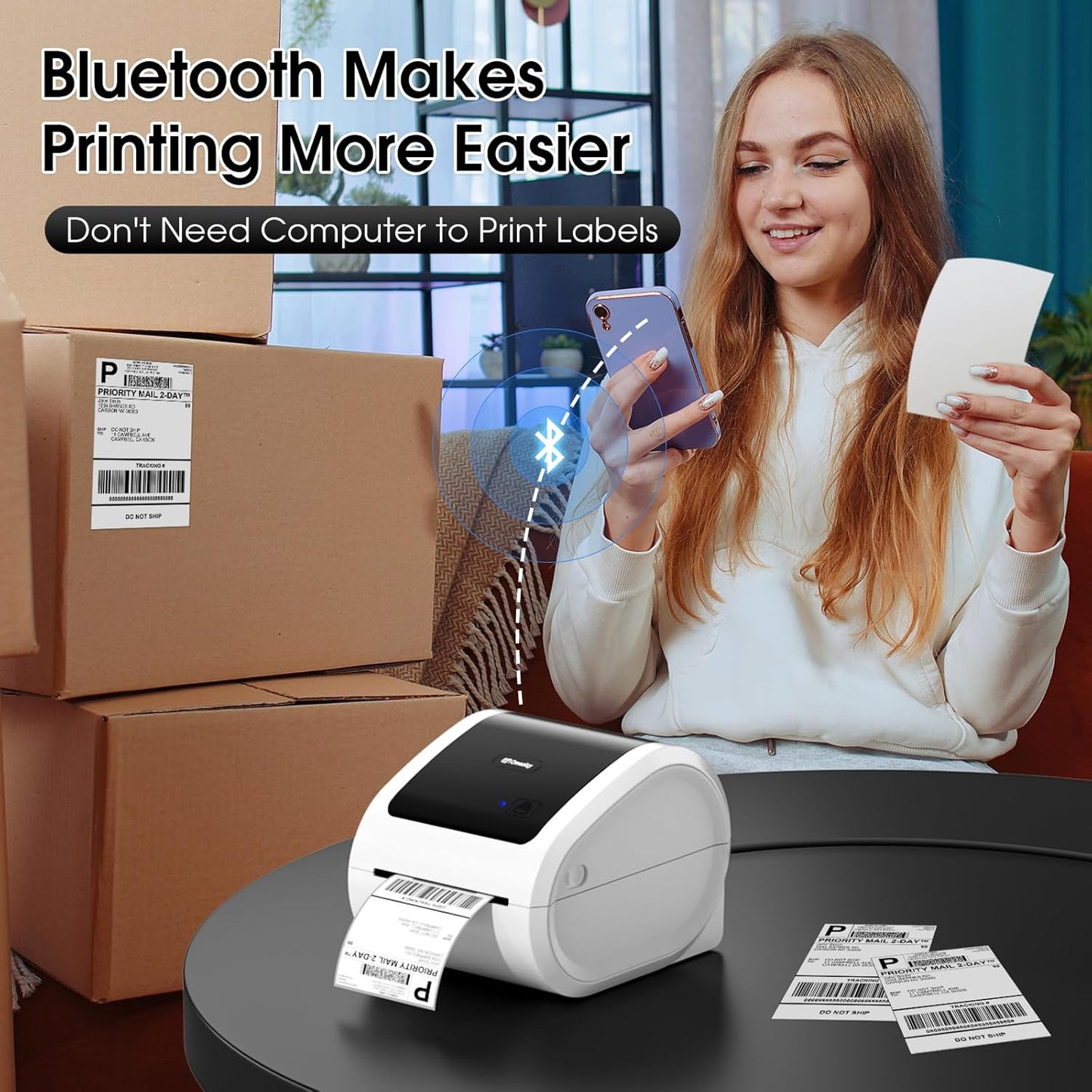 Bluetooth Shipping Label Printer 4x6 - D520BT Bluetooth Thermal Label Printer for Small Business， Shipping Packages, Compatible with USPS, Shopify, Amazon