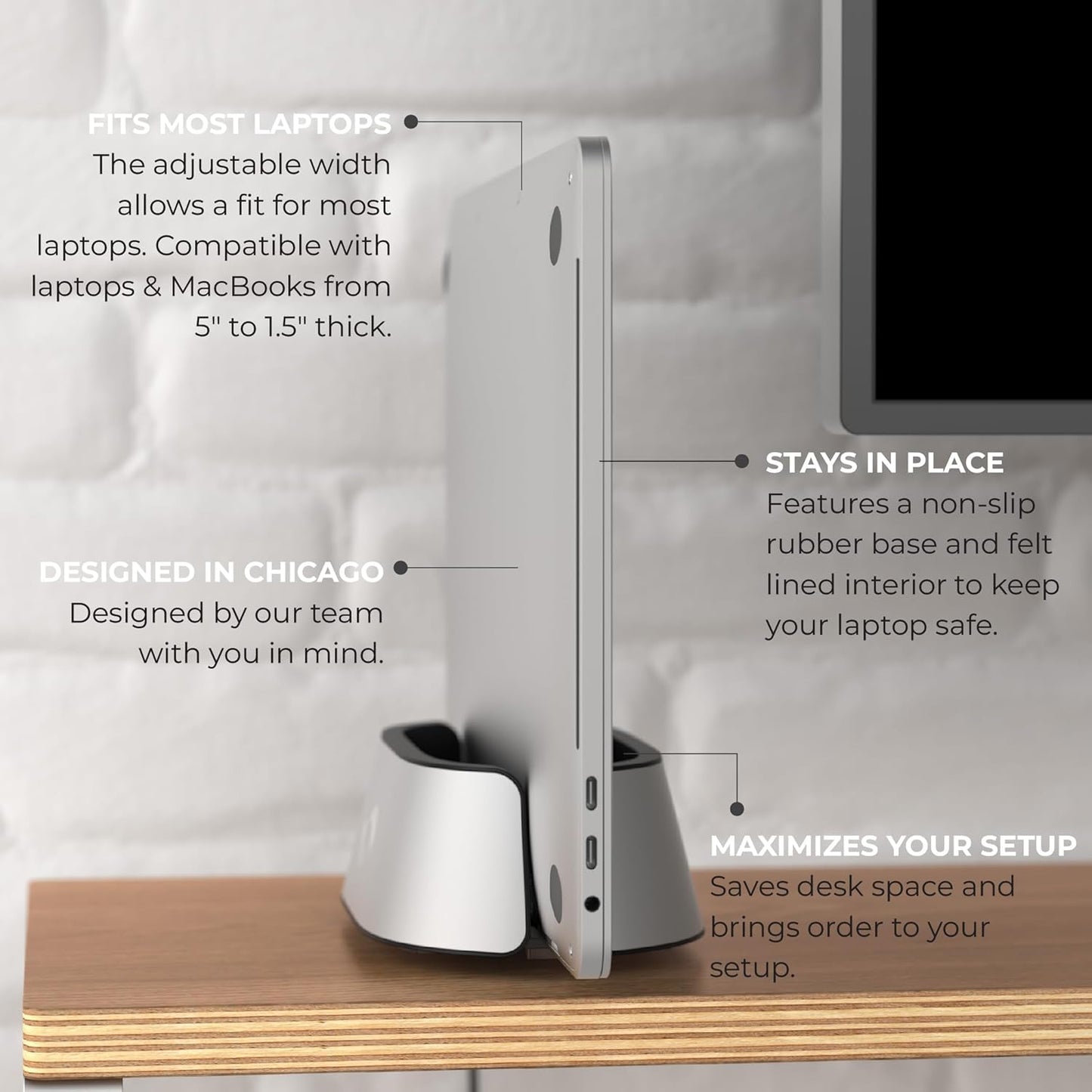 HumanCentric Vertical Laptop Stand in Silver Aluminum, Upright Adjustable Holder and Dock, Laptop Vertical Stand Fits MacBook Pro and Other Laptops .5" to 1.5", Clamshell Compatible