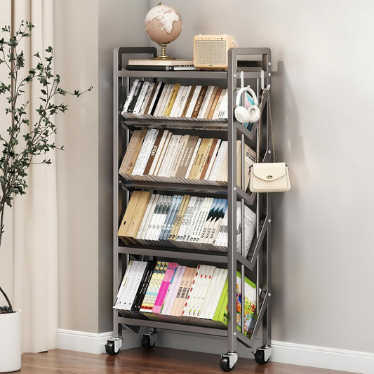 Bookshelf Movable Book Cart Multi-Layer Storage Rack Large-Capacity Rolling Cart L-Shaped Carbon Steel Shelf Suitable for Storing Books, Magazines, Newspapers, Shoes