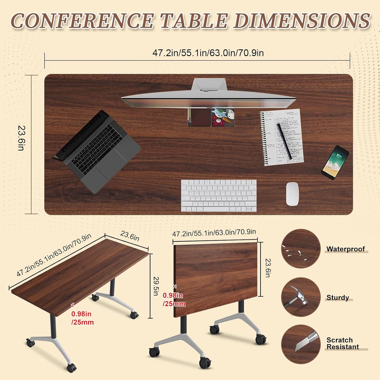 Folding Conference Room Table, Modern Conference Tables with Wheels, Large Rectangular Mobile Training Tables for Office Classroom, Foldable Modular Boardroom Seminar Table (10pack L55.1in)