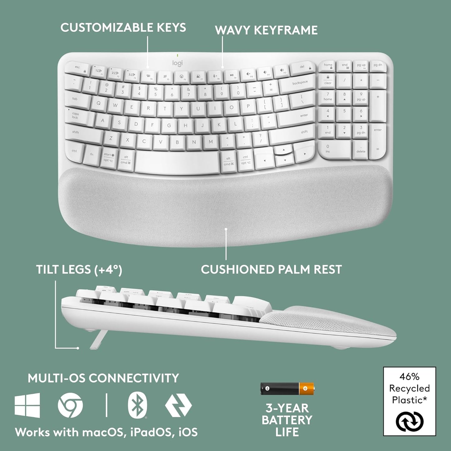 Logitech Wave Keys Wireless Ergonomic Keyboard with Cushioned Palm Rest, Comfortable Natural Typing, Easy-Switch, Bluetooth, Logi Bolt Receiver, for Multi-OS, Windows/Mac - Off White