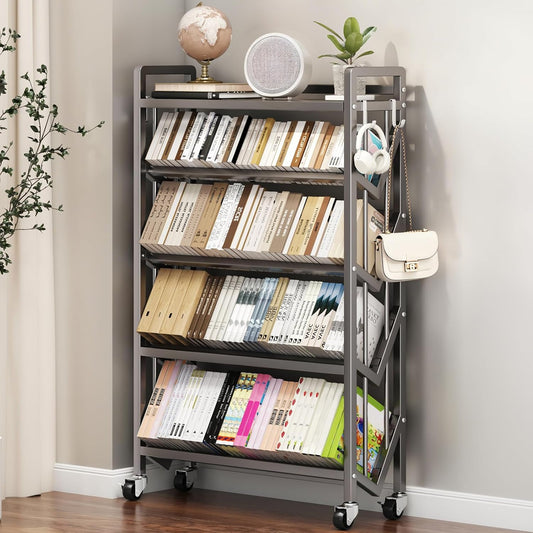 Bookshelf Movable Book Cart Multi-Layer Storage Rack Large-Capacity Rolling Cart L-Shaped Carbon Steel Shelf Suitable for Storing Books, Magazines, Newspapers, Shoes