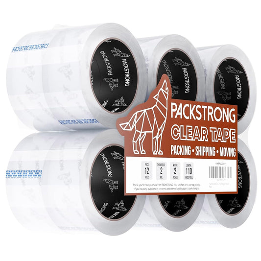 Packstrong Industrial Grade Clear Packing Tape 12 Rolls - 110 Yards per Roll - 2" Wide x 2 mil Thick, Acrylic Adhesive Tape for Box Office Moving Packaging Shipping