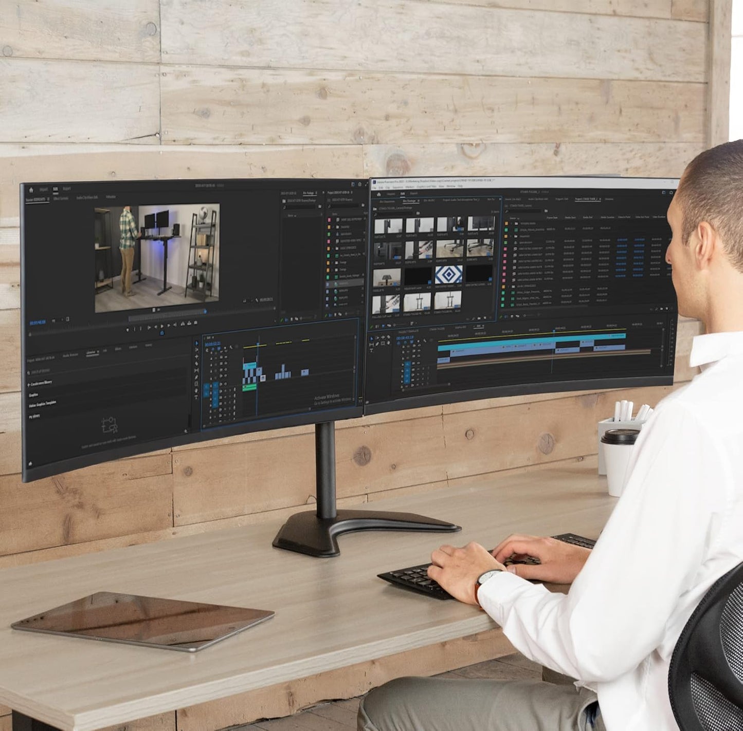 VIVO Dual LED LCD Monitor Mount, Free-Standing Desk Stand for 2 Screens up to 32 Inch, Heavy-Duty Fully Adjustable Arms with Max VESA 100x100mm, Black, STAND-V032F