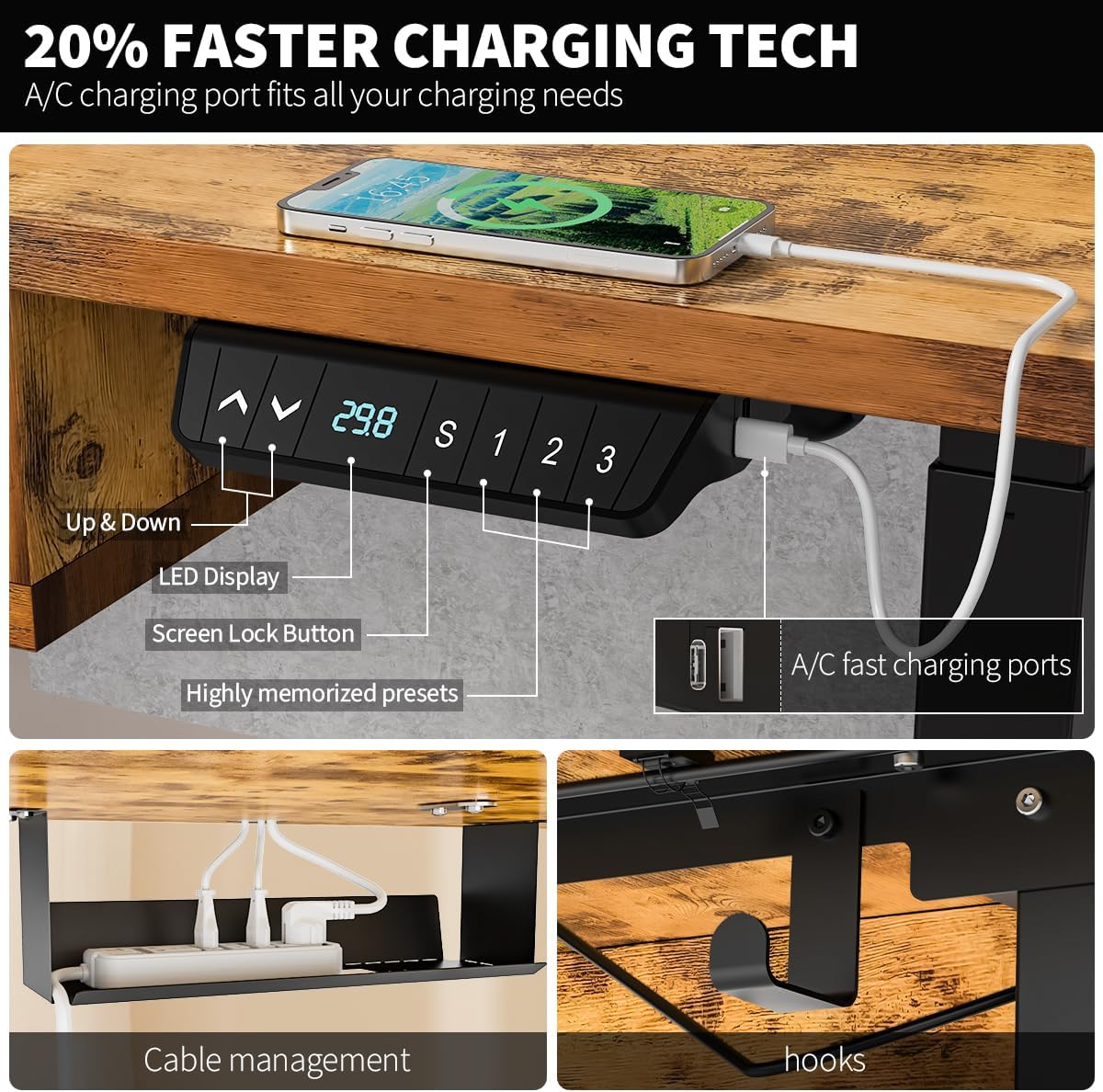 Standing Desk with Fast Charging USB Ports, 63" x 30" Height Adjustable Home Office & Gaming Desk, Sit Stand Desk with Built-in Storage Shelf, Hook & Ergonomic Design(Rustic Brown)