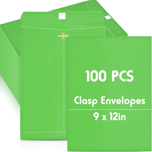 Geyee 100 Pcs Clasp Manilla Envelopes 9 x 12 Inch Gummed Colored Envelopes for Storing or Mailing for Home Office Business Supplies(Green)