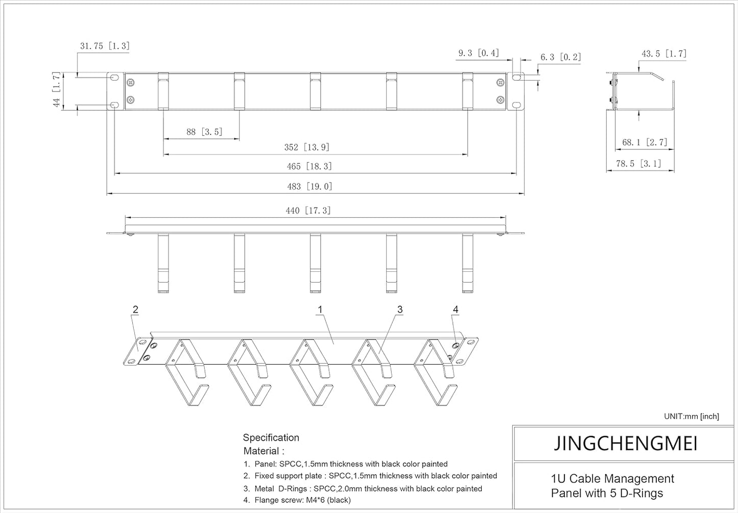 Jingchengmei 19-Inch 1U Metal Horizontal Rackmount Cable Manager with 5 D-Rings (1UCM5R440, Black)