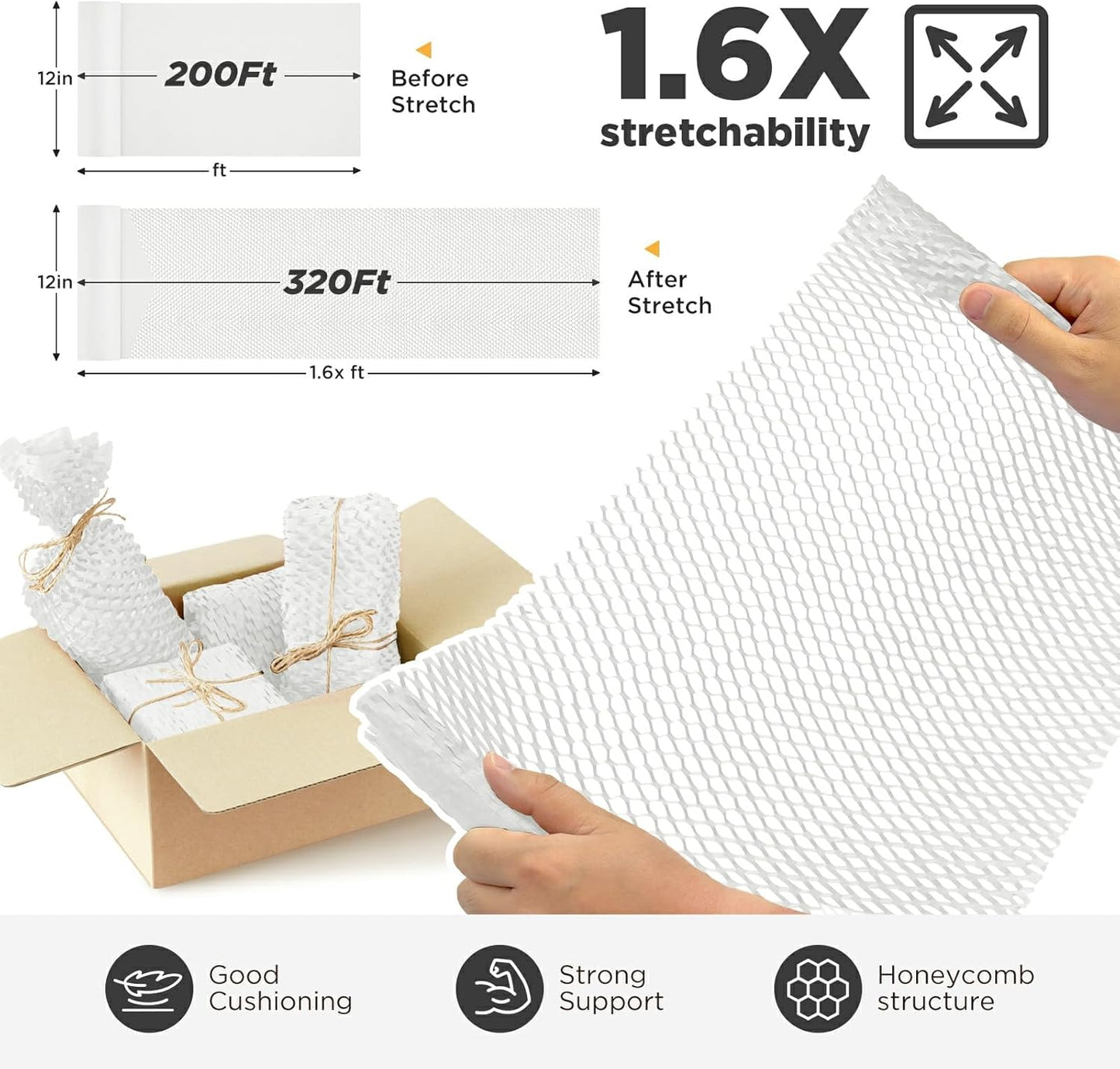 Honeycomb Packing Paper, 12"x200' White | Perforated Honeycomb Packing Paper Recyclable Moving Supplies for Shipping & Moving | Plastic-Free Alternative to Bubble Cushion Wrap with 36 Fragile Stickers