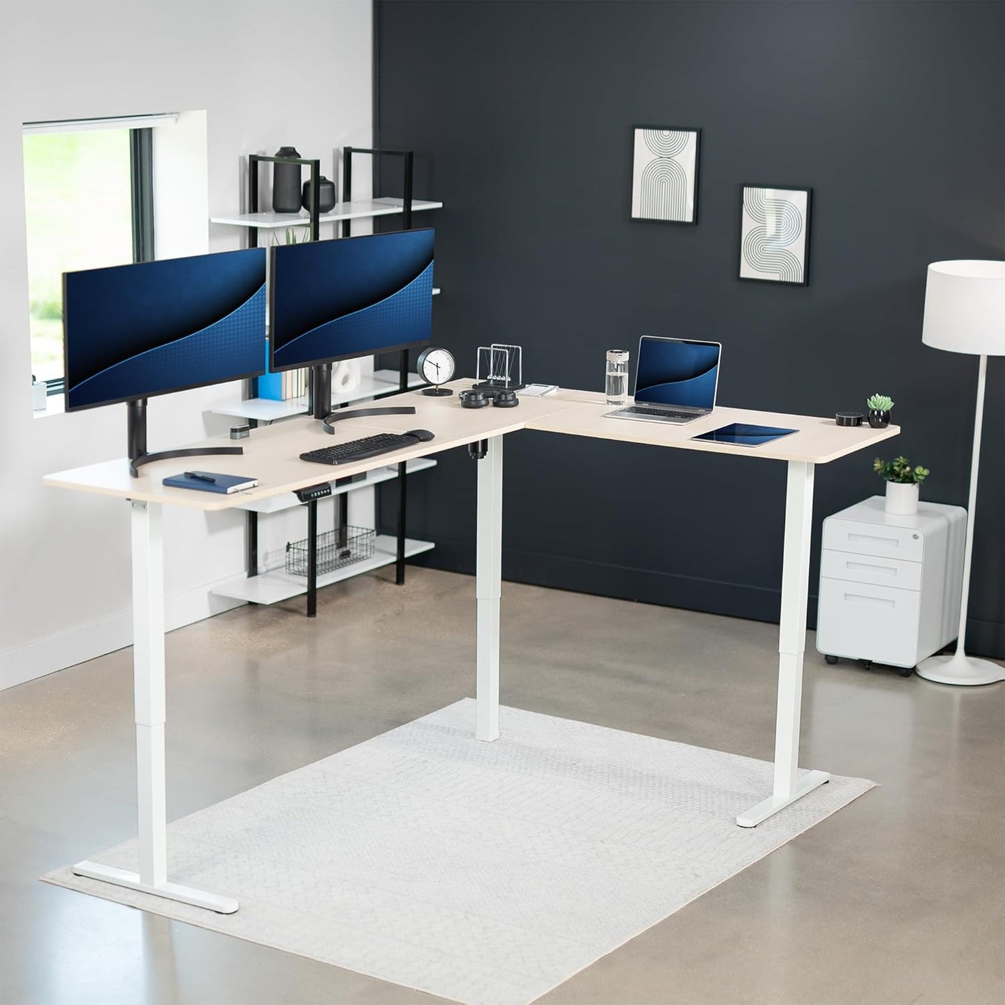 VIVO Electric Corner L-Shaped 84 x 63 in Standing Desk, Memory Height Adjustment, Light Wood Top White Frame, DESK-E3CTWC-84