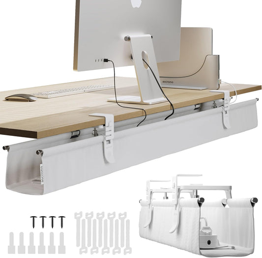 Original No Drill Under Desk Cable Management Tray 53.9" - Premium White Fabric Cable Management Under Desk - Clamp/Screw Mount Cord Organizer - Supports Upto 66lbs - Extra Large